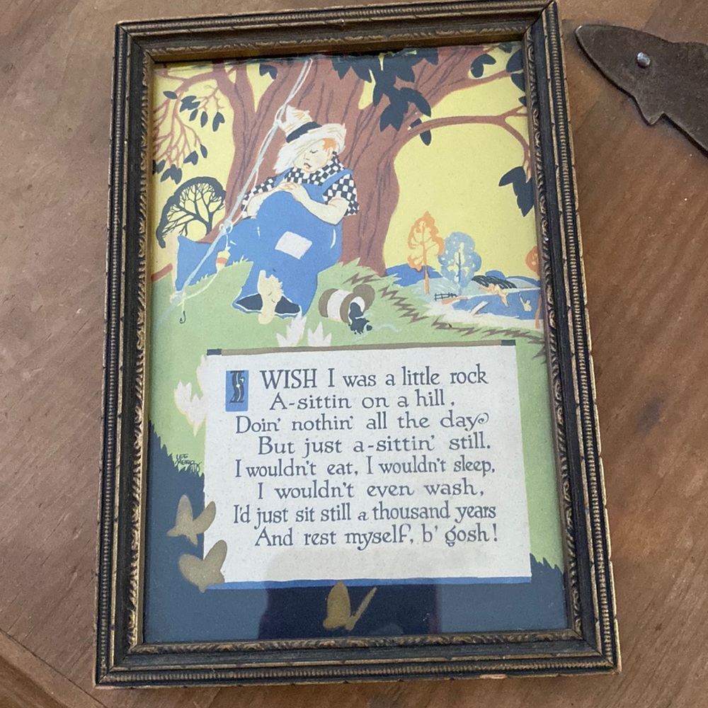 Vintage Framed Saying Print "Wish I Was a Little Rock A-sittin on a hill”